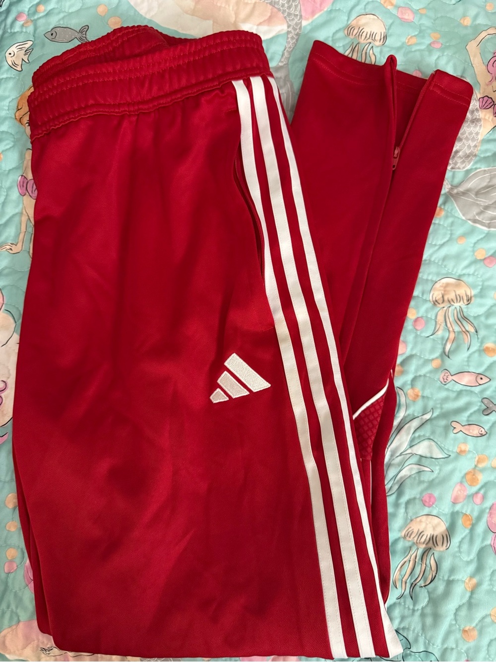Adidas Adult Red Athletic Track Pants with White Stripes